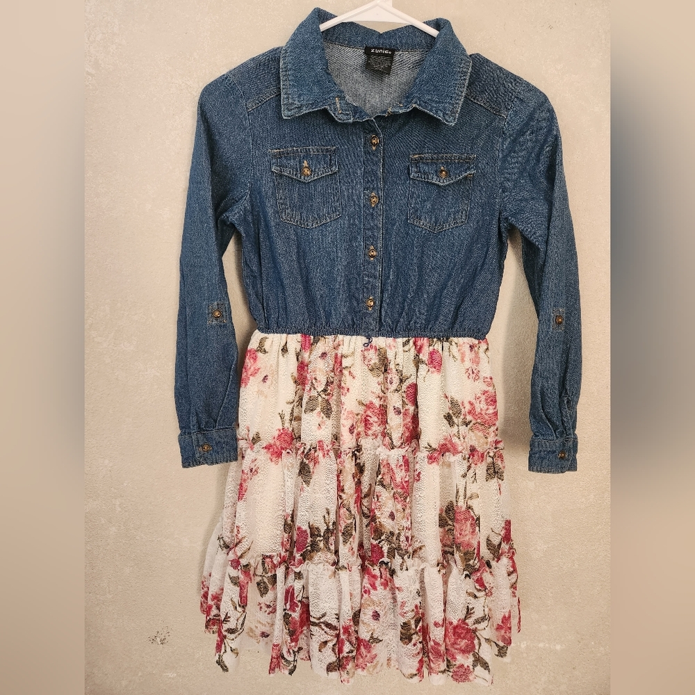 Zunie Girls size 10/12 Long sleeve Blue denim/floral lace dress